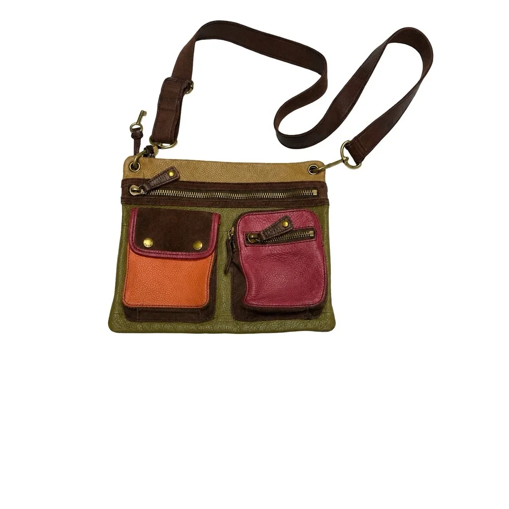 Fossil Vintage Colorblock Leather Crossbody Bag Multi Pocket Olive Green Y2K